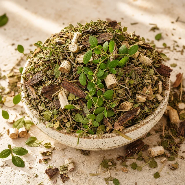 Detox herbs and roots arranged with a tea cup