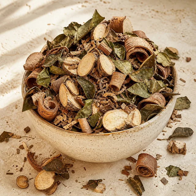 Whole botanicals presented beside a ceramic tea cup