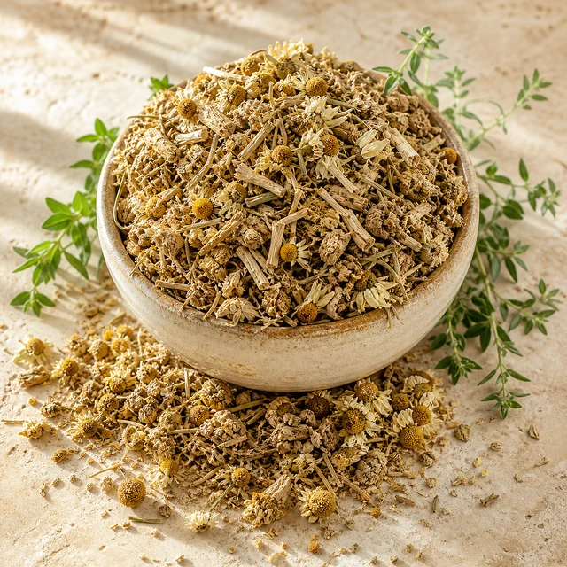 Calming herbs arranged around a ceramic tea cup
