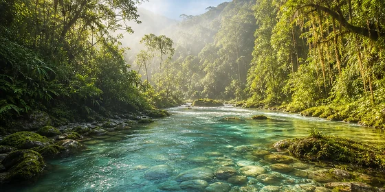 Hands near clear river water in Ecuador
