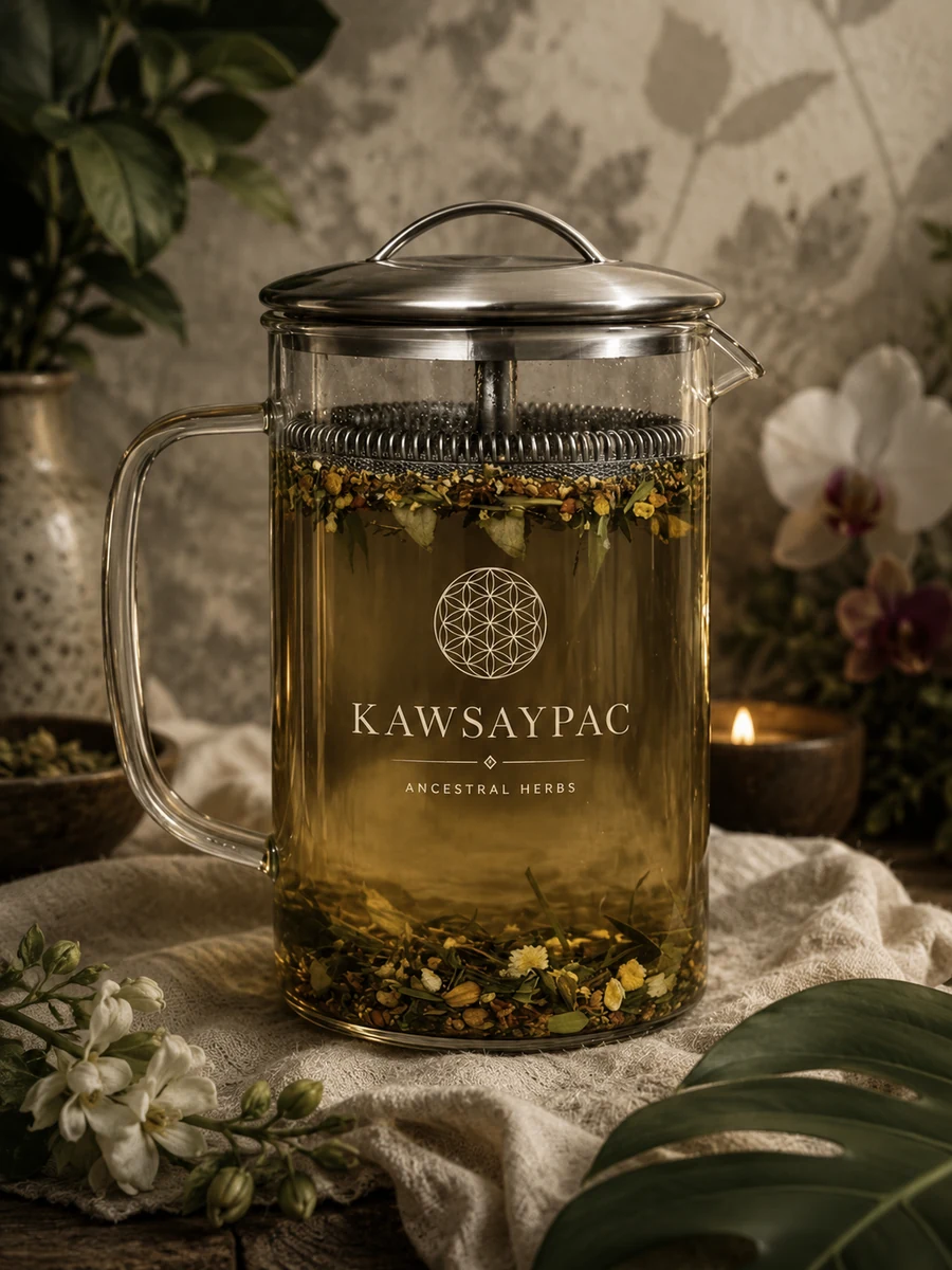 Amber herbal infusion prepared in a ceramic vessel