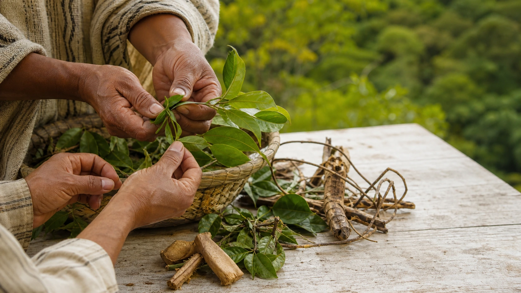 Hands sharing harvested Ecuadorian botanicals
