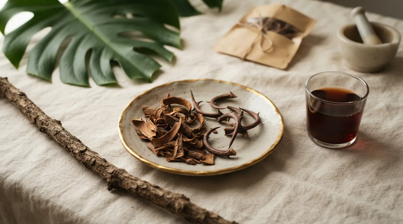 Curled cat's claw vine bark shavings with hooked thorns on a gold-rimmed ceramic plate