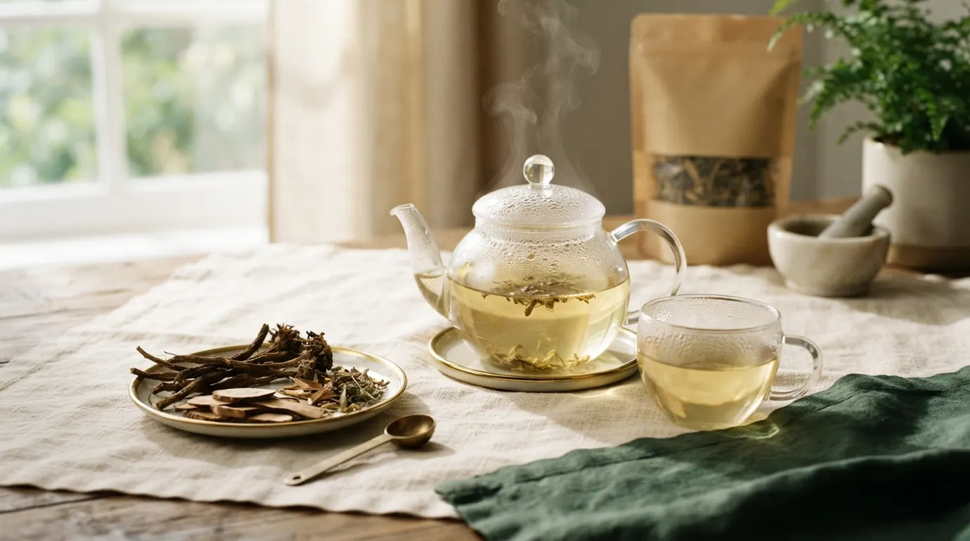 Clear glass teapot of pale straw-gold infusion with dried roots on a gold-rimmed plate