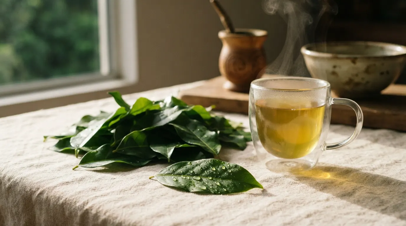 Whole guayusa leaves beside a glass cup of bright amber-green infusion