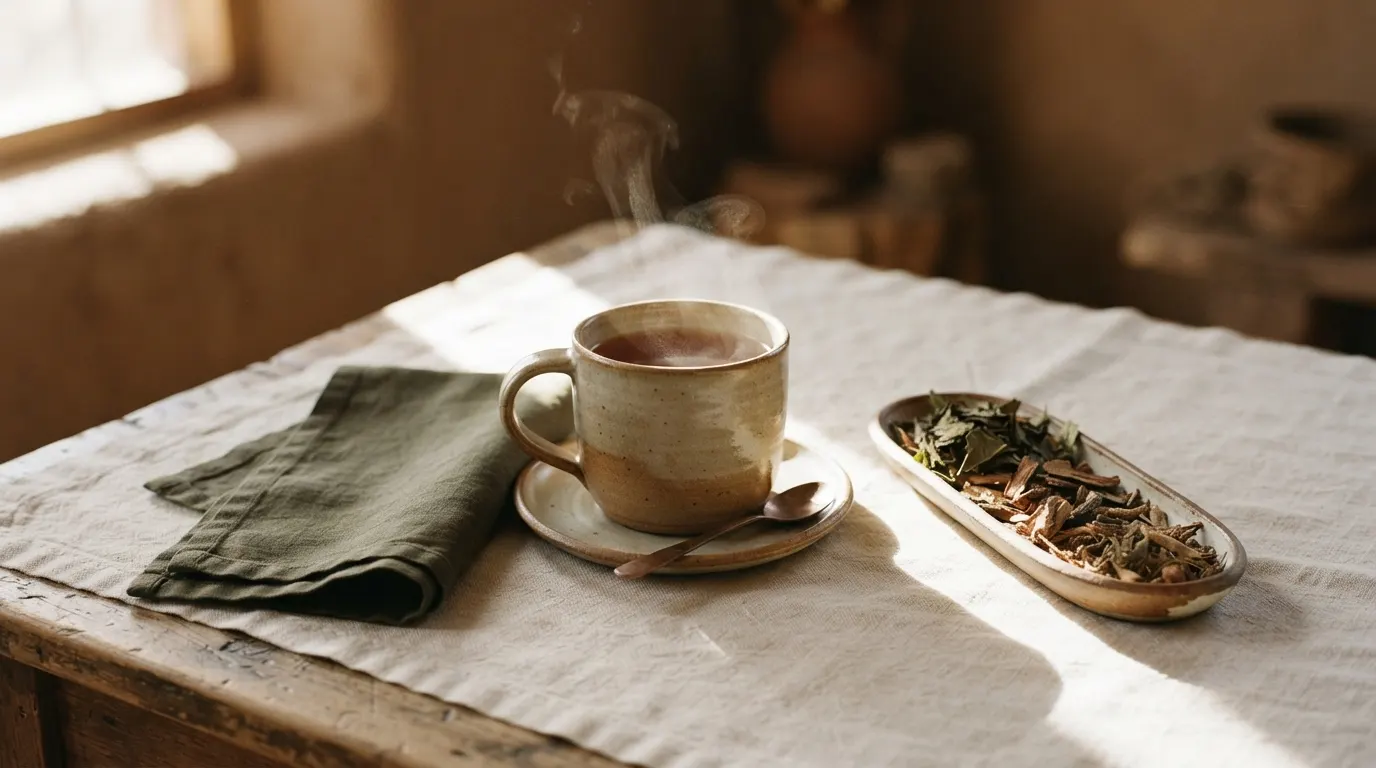 Single stoneware cup of dark amber herbal tea crossed by a beam of morning light on linen