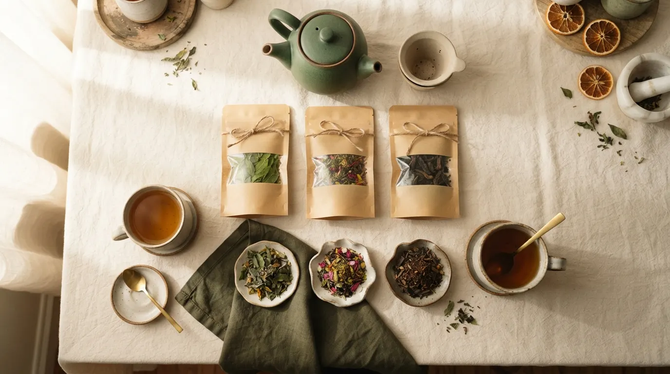 Full tea ritual flat lay with kraft pouches, green teapot, and two cups of amber infusion