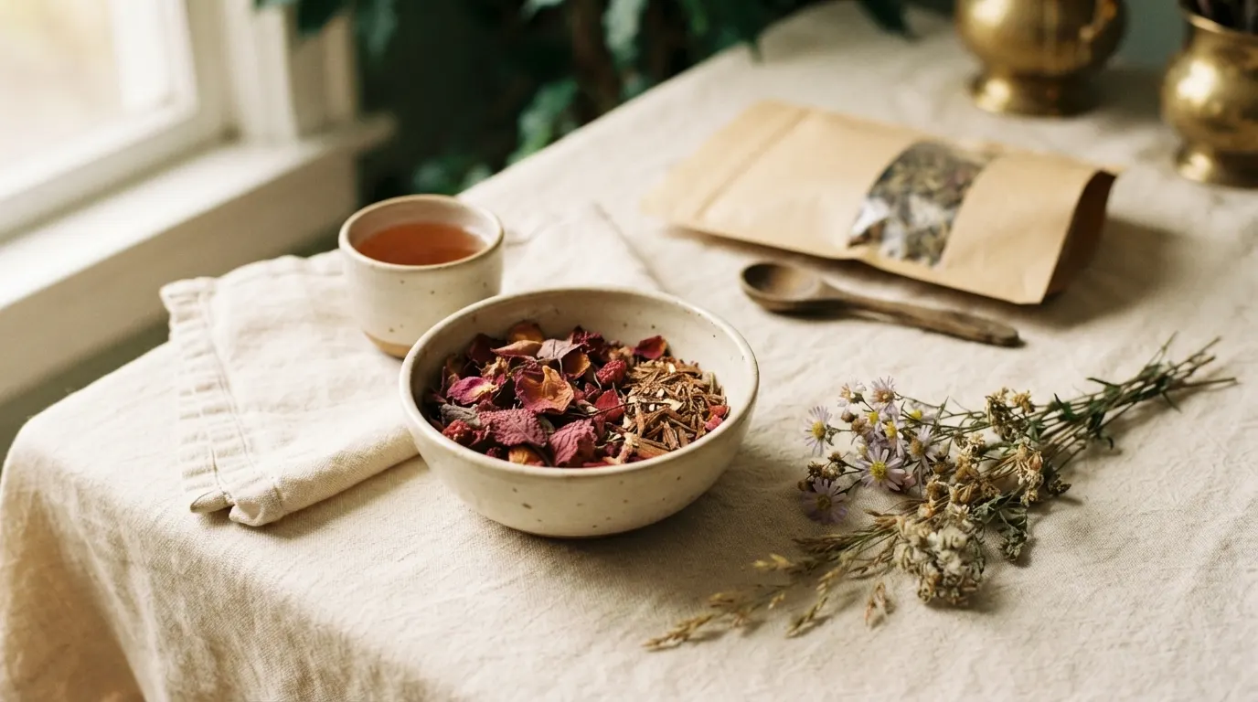 Rose petals, leaves and bark shavings in a ceramic bowl beside a blush-amber tea