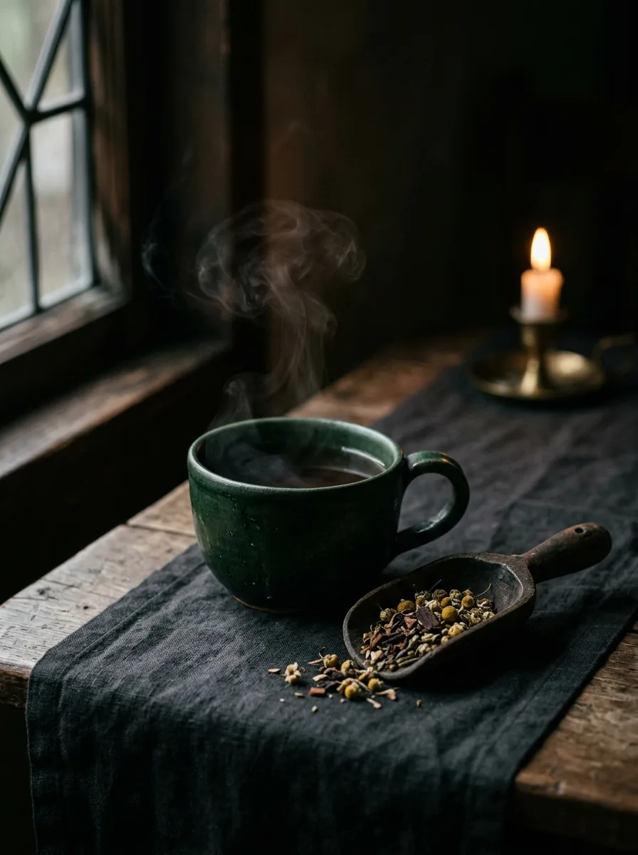 An evening cup of herbal tea in low warm light
