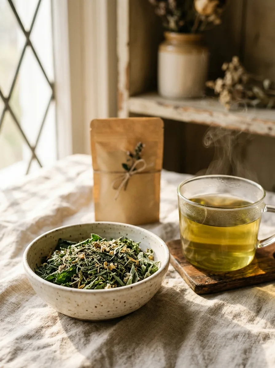 A quiet morning ritual with a warm herbal brew resting in soft light
