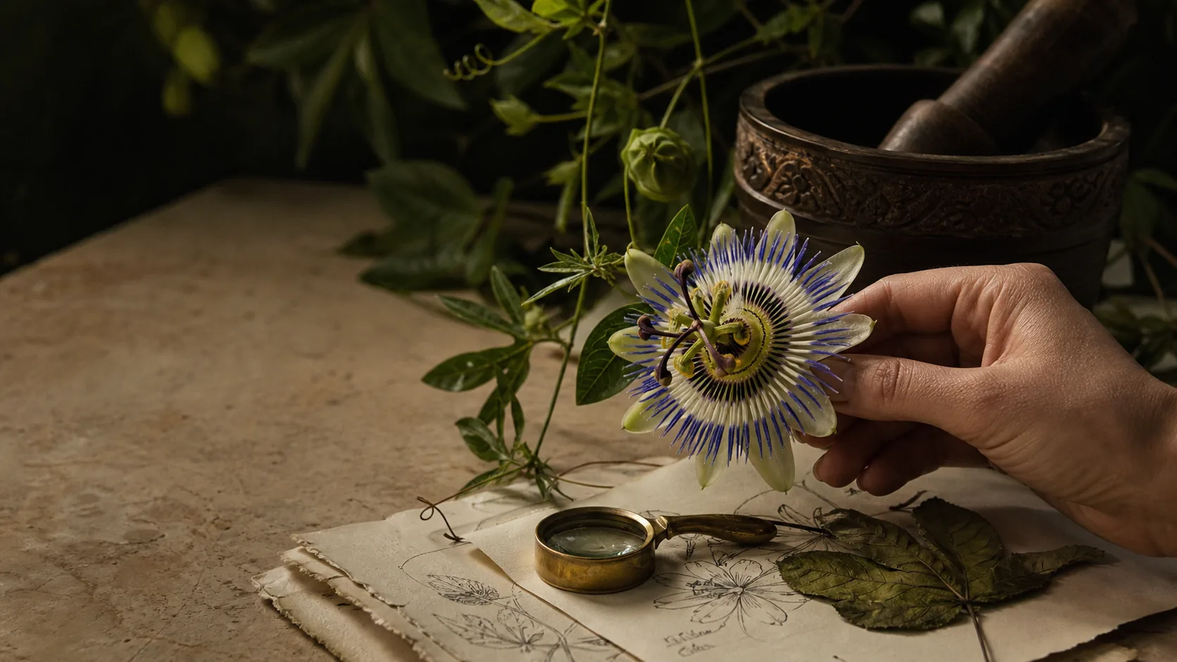 A passionflower being examined beside botanical field notes and a carved wooden mortar
